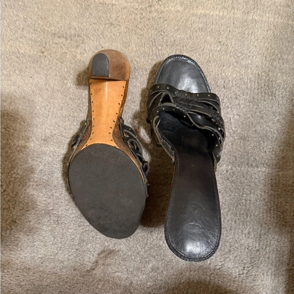 Frye Platform Leather & Wood Slide Sandals Women’s 7 Black Brown